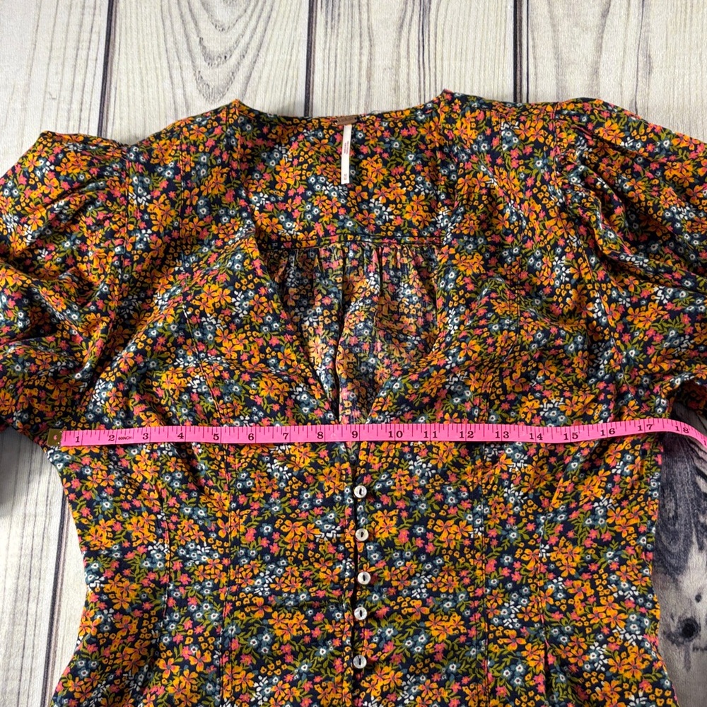 Free People Black Floral Button-Front Blouse with Orange & Pink Flowers - Picture 9 of 13